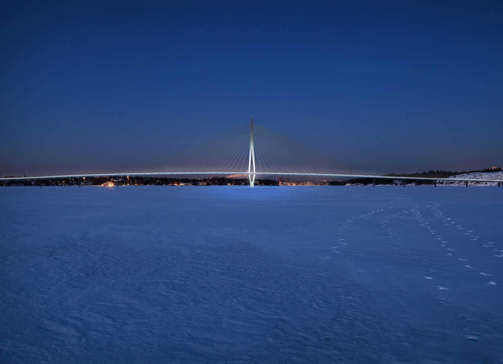 Un pont suspendu moderne franchissant une étendue d’eau gelée