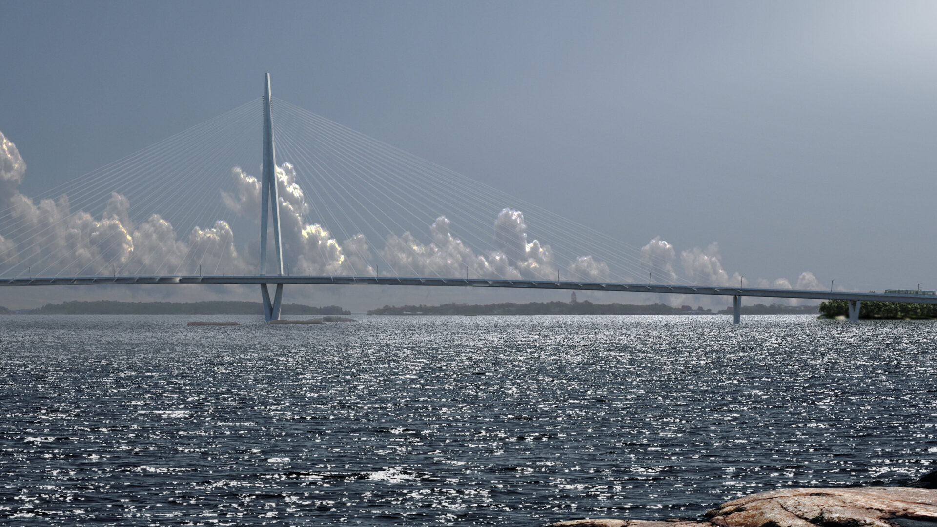 Sunny shore view of Kruunusilat bridge with clouds in the distance behind the bridge