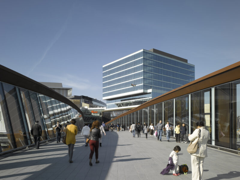 Pedestrians on deck of Town Centre Link footbridge at Westfield, Stratford