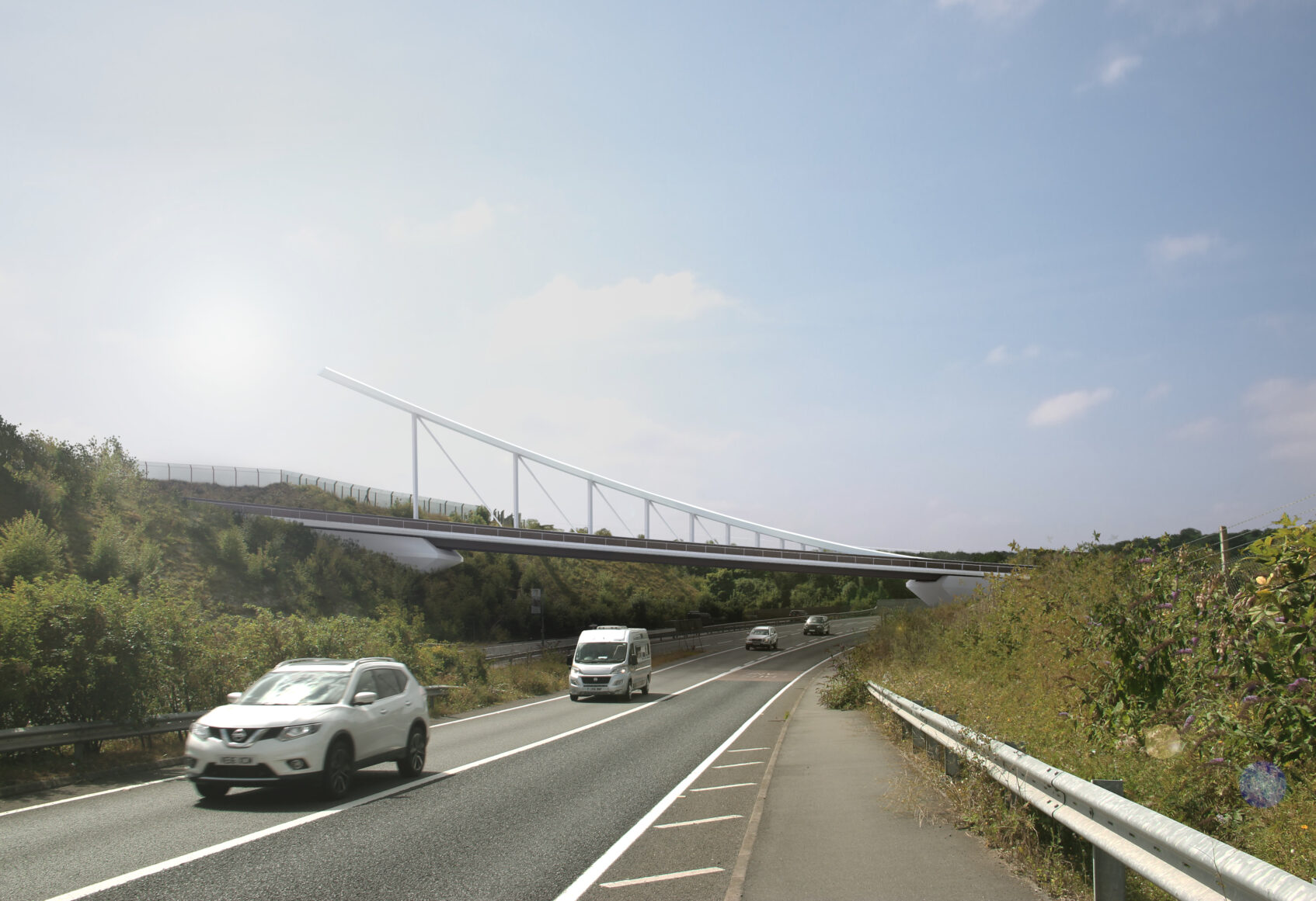 Visualisation of completed Luton footbridge from side of motorway with cars travelling underneath